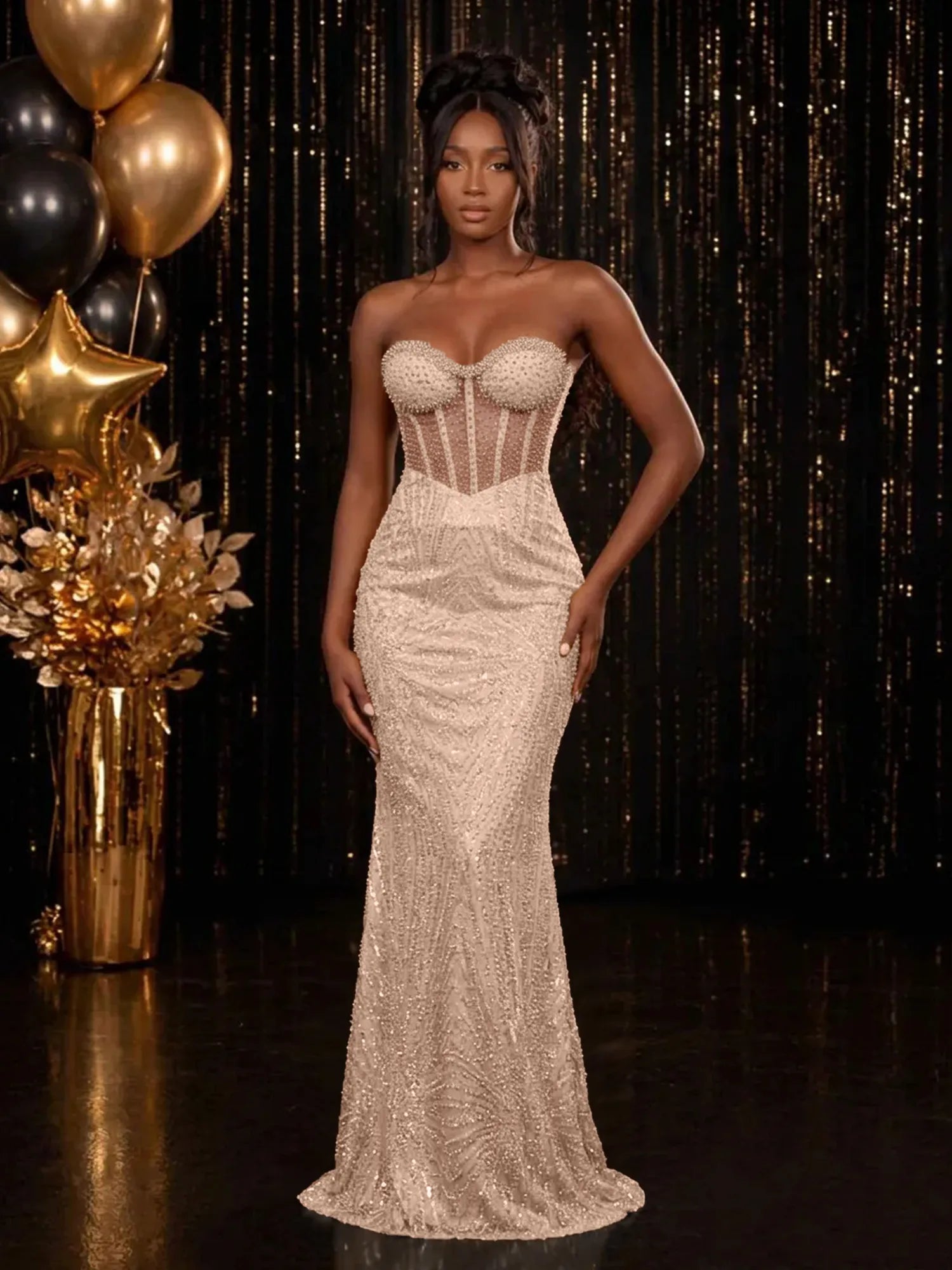 Strapless Sequin-Accented Mermaid Prom Dress with High Slit