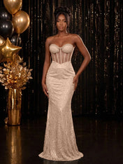 Strapless Sequin-Accented Mermaid Prom Dress with High Slit