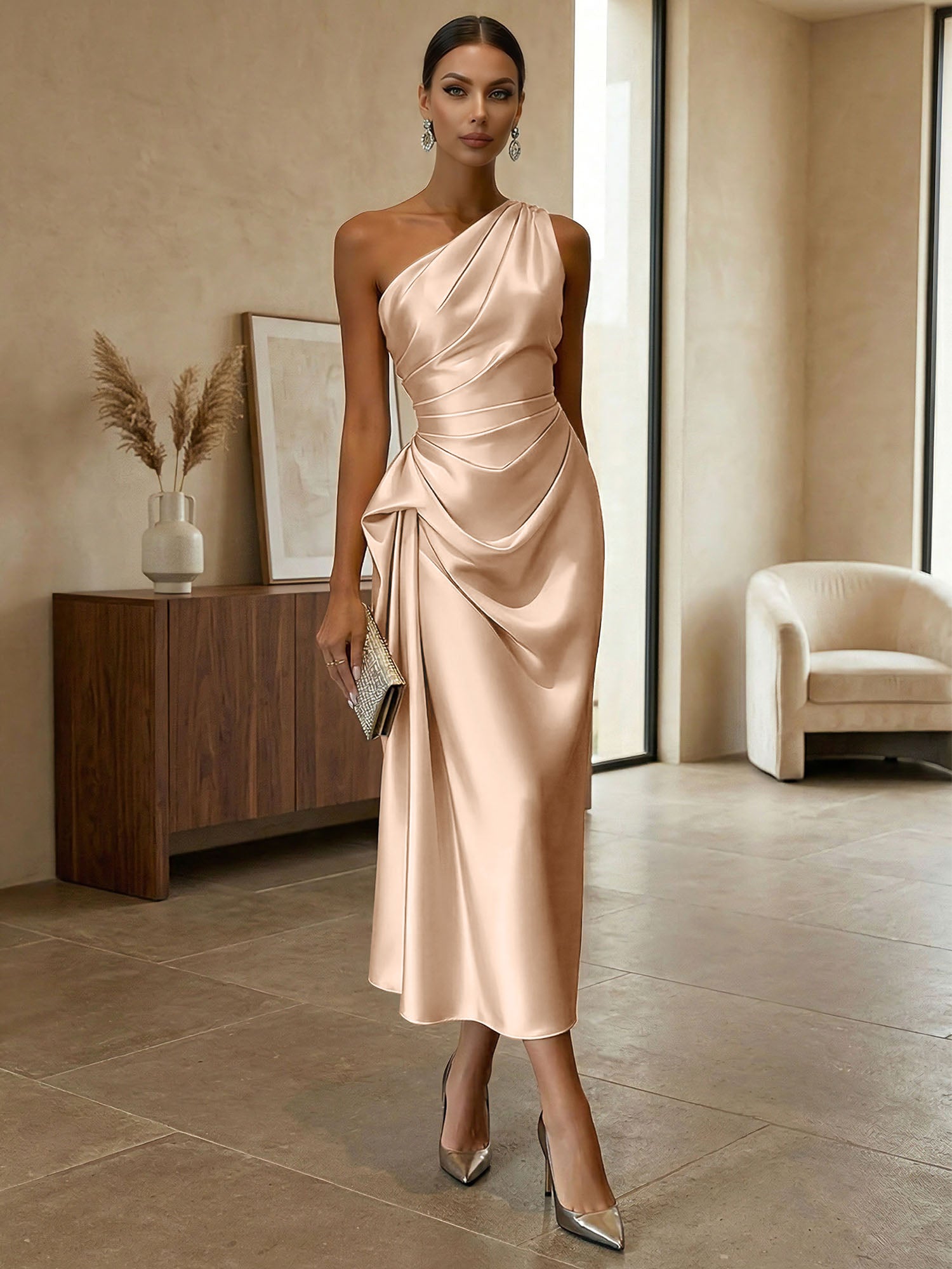 Champagne Ruched Satin One Shoulder Sleeveless Sheath Midi Dress