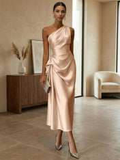 Champagne Ruched Satin One Shoulder Sleeveless Sheath Midi Dress