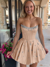 Sparkly Satin A Line Short Corset Homecoming Dress with Rhinestones
