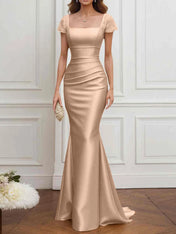 Mother of the Bride Dress Champagne Satin Square Neck Maxi Dress