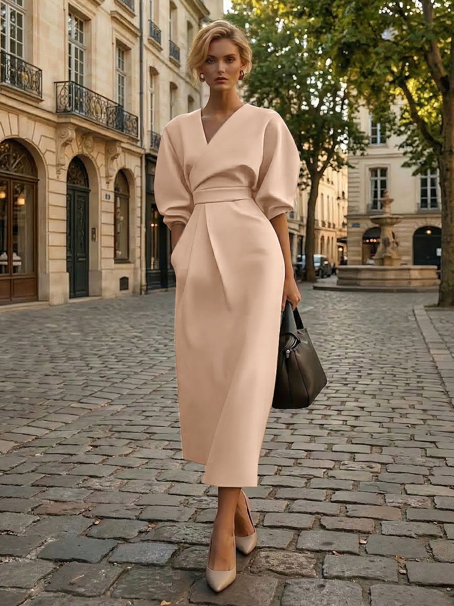 Sophisticated Camel V-Neck Balloon Sleeve Midi Dress Evening Gown