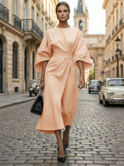 Loose Batwing Sleeve Dress Tight Waist Solid Color Elegant Dresses