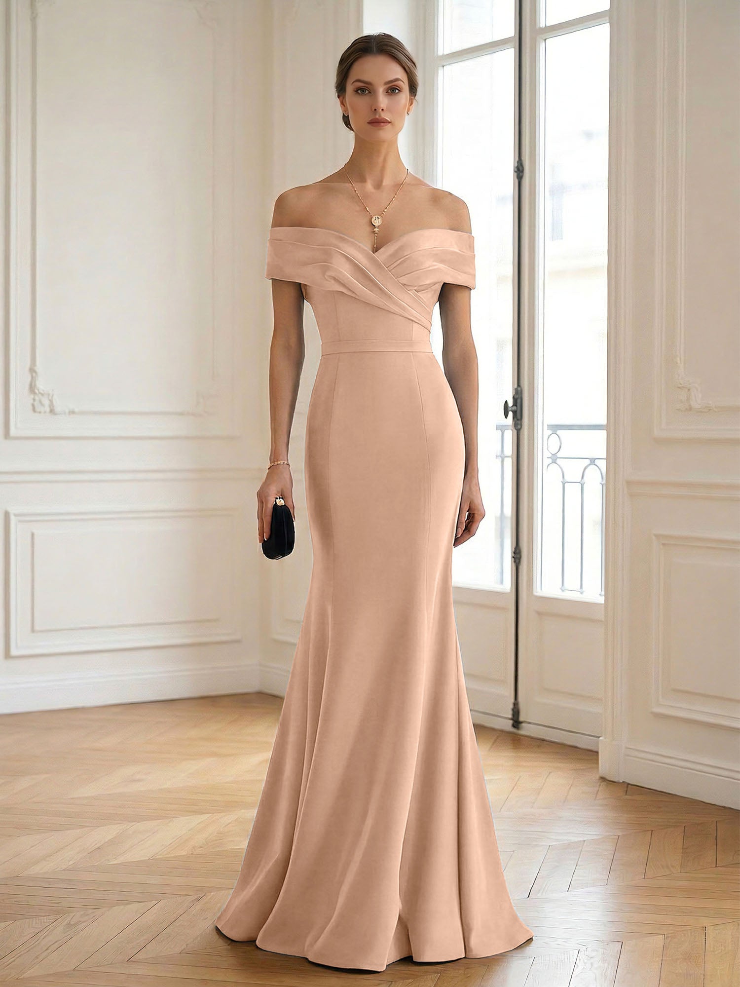 Formal Wedding Guest Dress Navy Off Shoulder Maxi Mermaid Dress