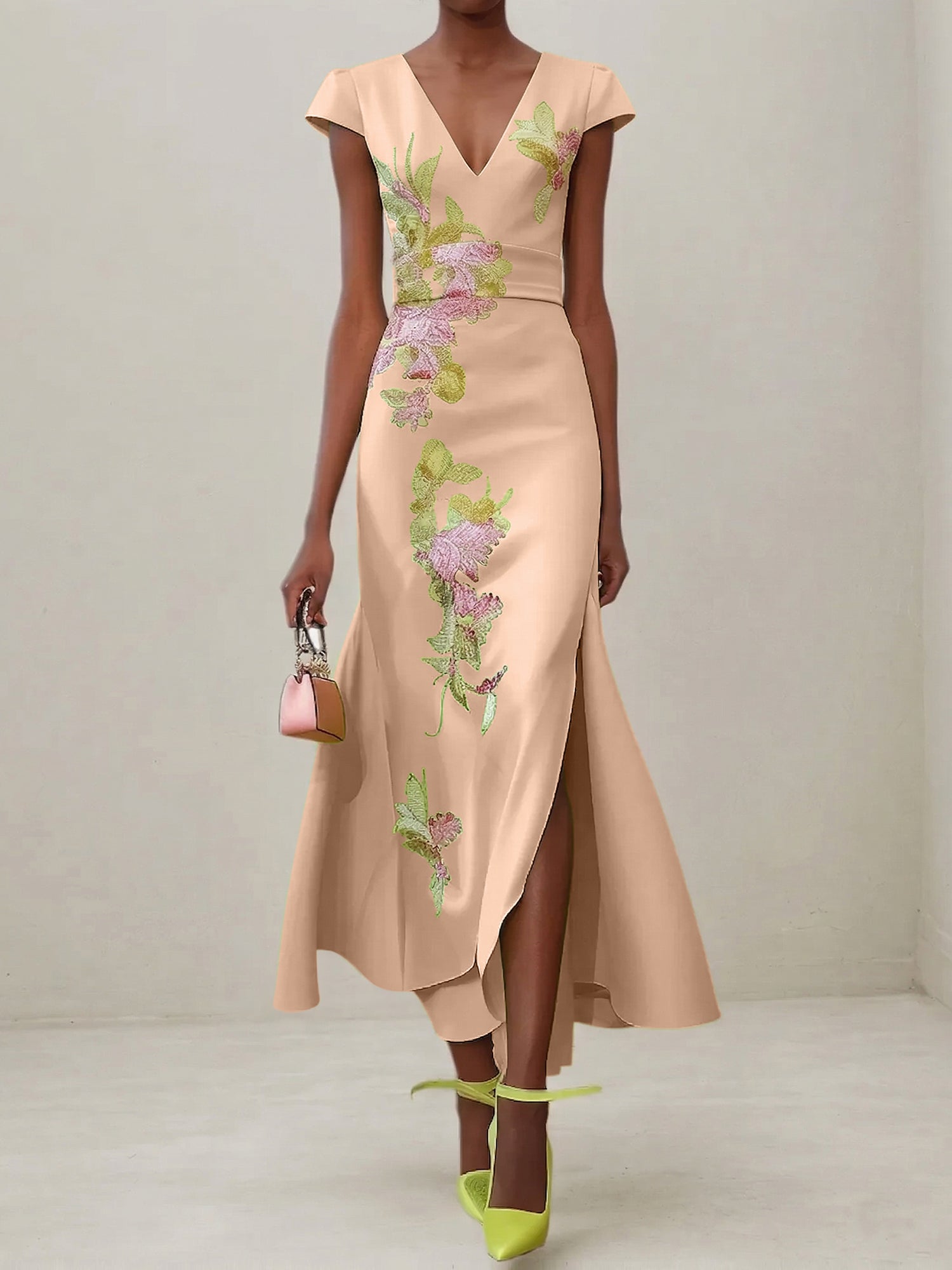 Green Floral V Neck Embroidered Cap Sleeve Slit Sheath Maxi Dress