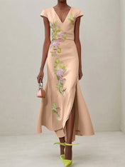 Green Floral V Neck Embroidered Cap Sleeve Slit Sheath Maxi Dress