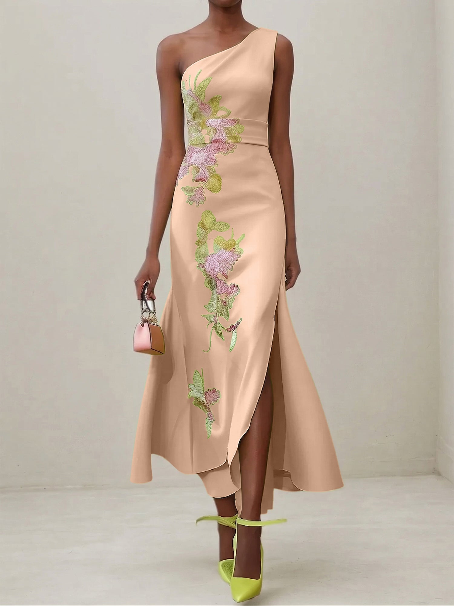 Green Floral One Shoulder Embroidered Cap Sleeve Slit Sheath Maxi Dress