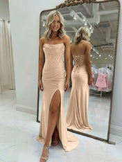 Bodycon Scoop Neck Satin Long Prom Dress with Slit