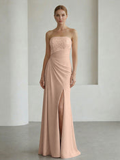 Glamorous Formal Evening Dress Soft Blush Beaded Strapless Slit Gown