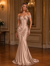 Burgundy Off-The-Shoulder Ruched Mermaid Floor-Length Gown Dress