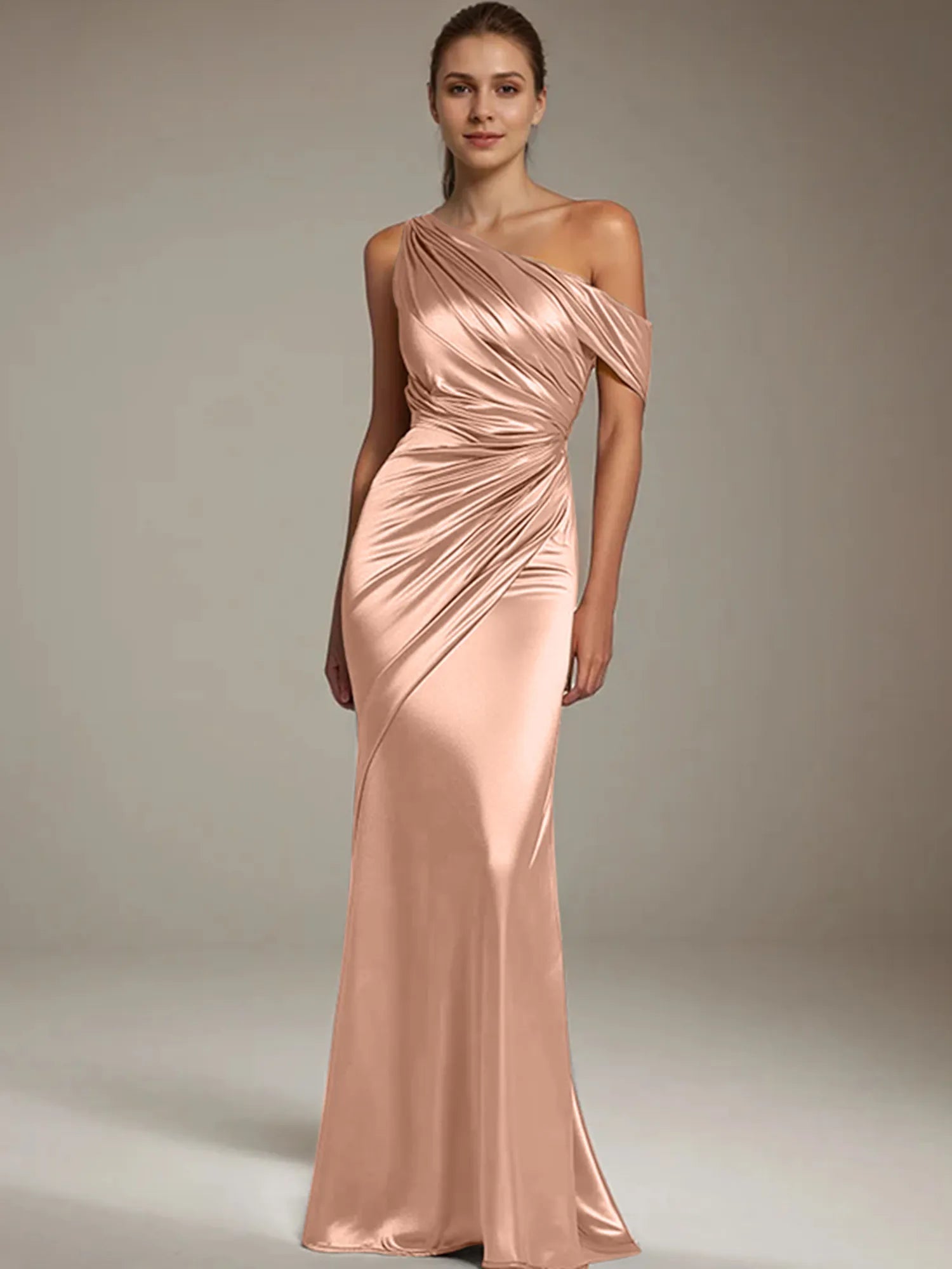 Formal Party Satin Dress Silver One-Shoulder Pleated  Floor-Length Dress