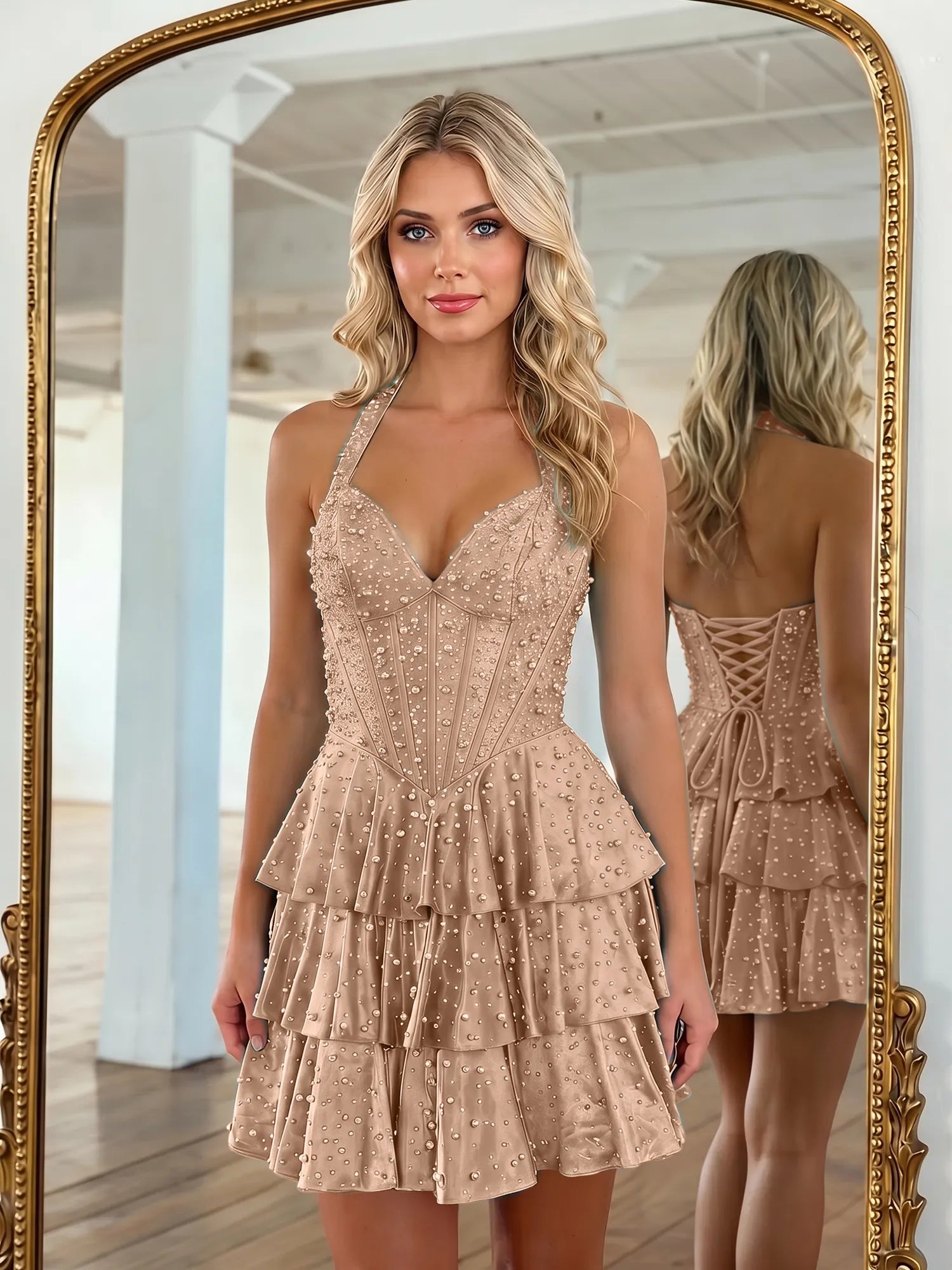 Halter Neck Pearl Beaded Tiered Short Homecoming Dresses