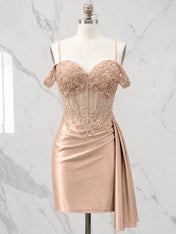 Sweetheart Sheer Corset Mini Dress with Cascading Side Drape Homecoming Dresses