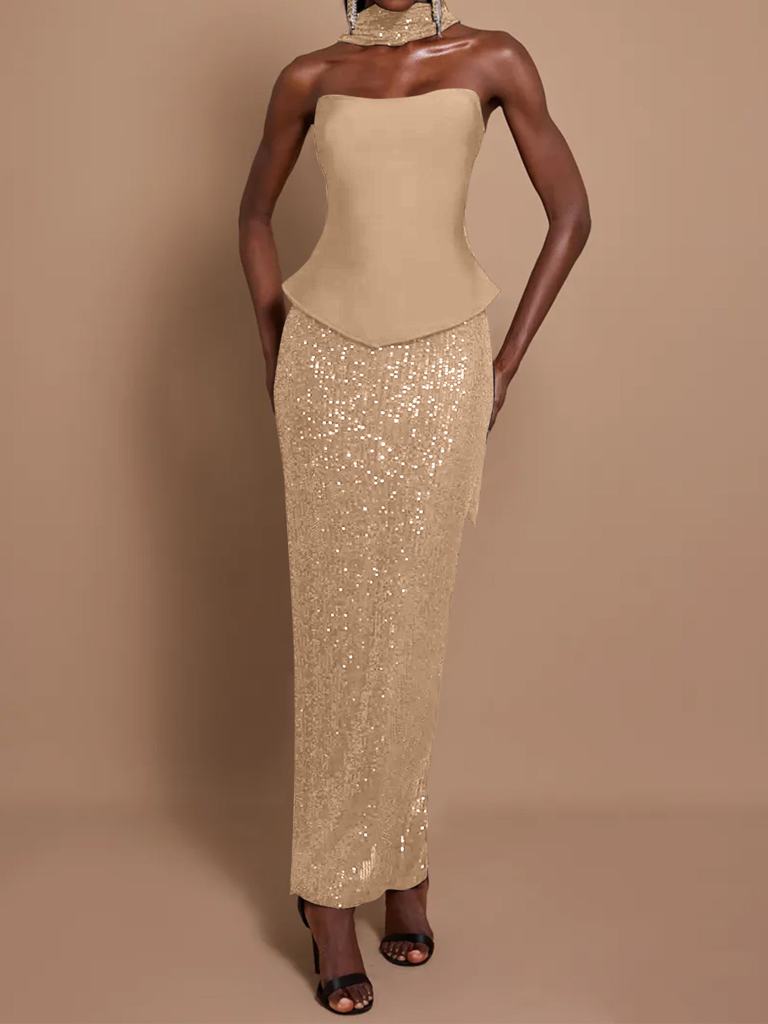 Off-Shoulder Bandage Top & Sequin Midi Skirt Set