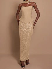 Off-Shoulder Bandage Top & Sequin Midi Skirt Set