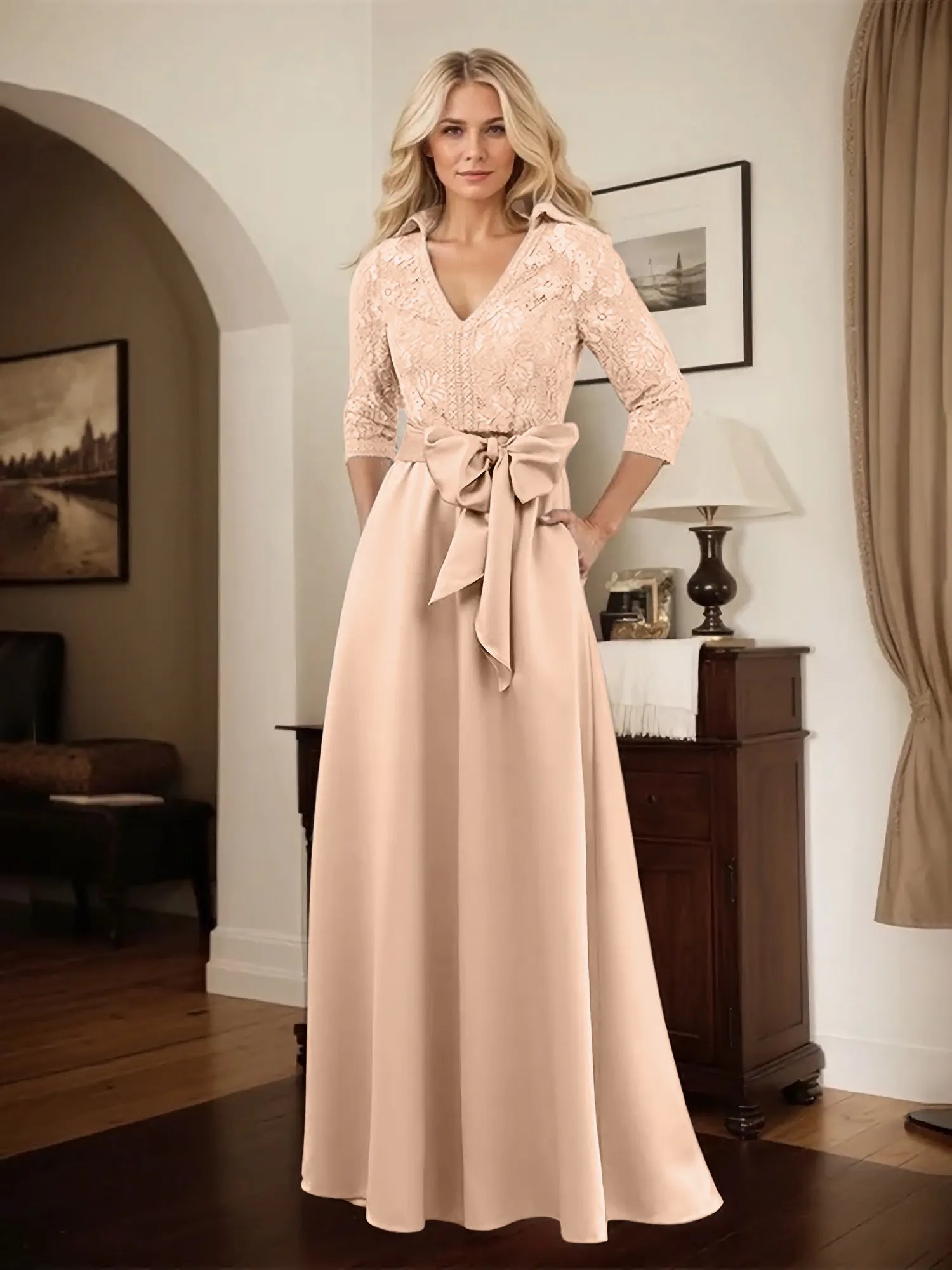 Classic V-Neck Bow Accented Satin Mother Of The Bride Dress With Lace