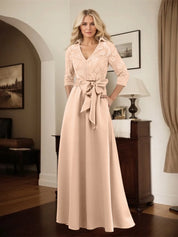 Classic V-Neck Bow Accented Satin Mother Of The Bride Dress With Lace