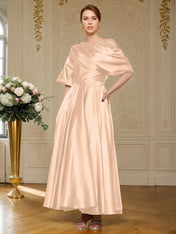 A-line Short Sleeves Pleated Ankle-Length Silk like Satin Mother of the Bride Dress