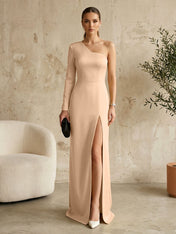 Long Sleeves Black One Shoulder Formal Dress Evening Gown