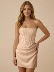 White Strapless Sequin Beaded Satin Short Homecoming Dress with Corset