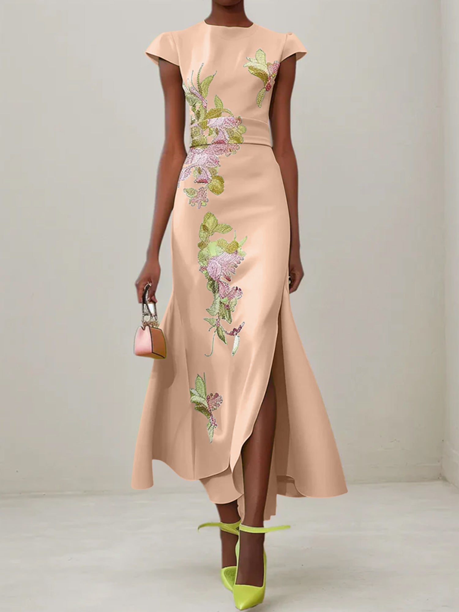 Green Floral Embroidered Cap Sleeve Slit Sheath Maxi Dress