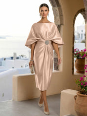 Half Sleeves Mermaid Satin Tea Length Long Evening Dresses with 3D Flower