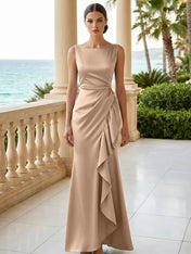 Dusty Blue Scoop Neck Evening Dress with Ruffle Mermaid Maxi Dress