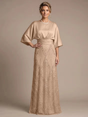 Bateau Neck Satin Evening Gown with 3/4 Batwing Sleeves Mother of The Bride Dresses