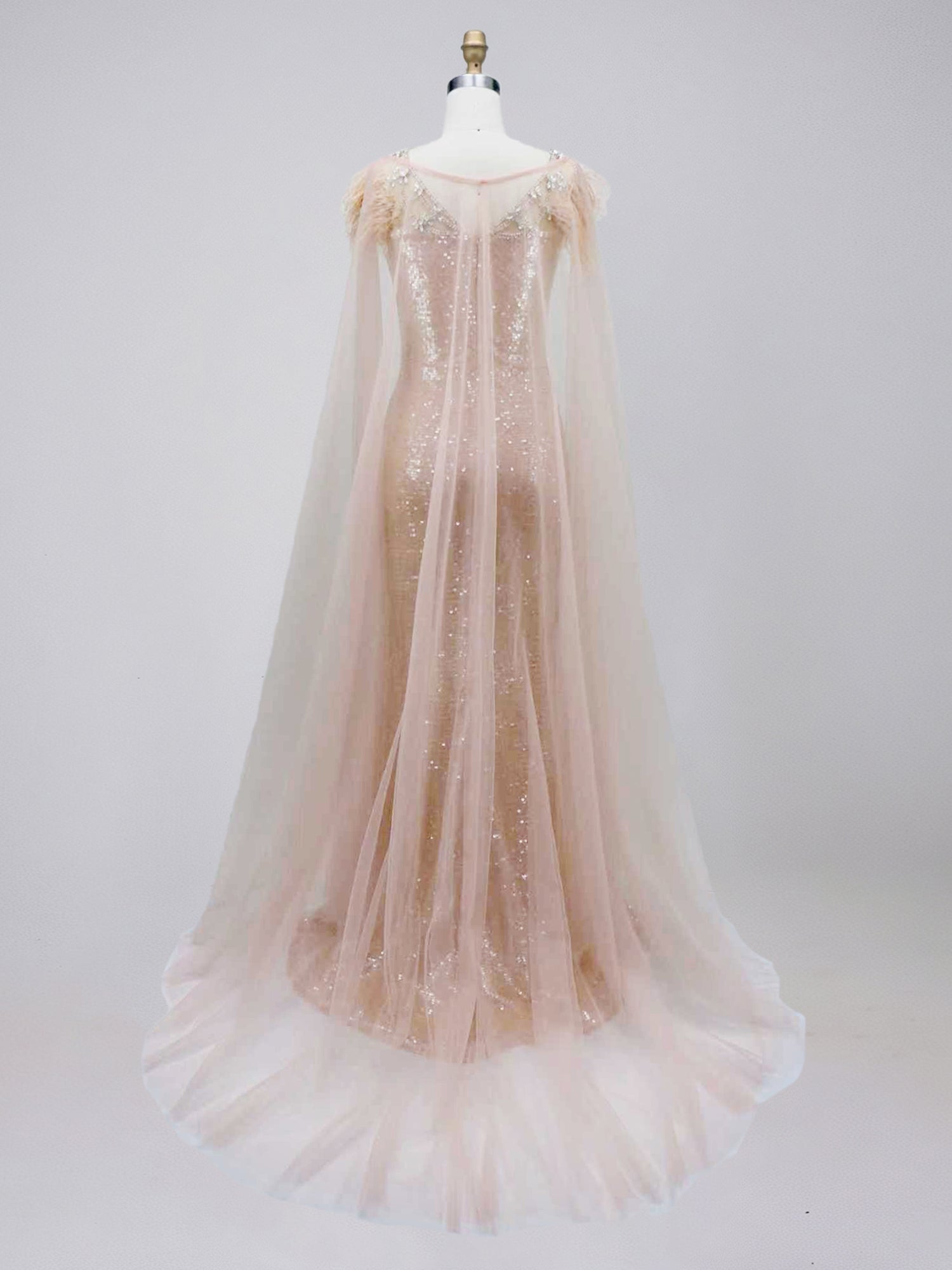 Rose Gold Tulle Cape Sequin Prom Dress with Feather Shoulders