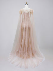Rose Gold Tulle Cape Sequin Prom Dress with Feather Shoulders