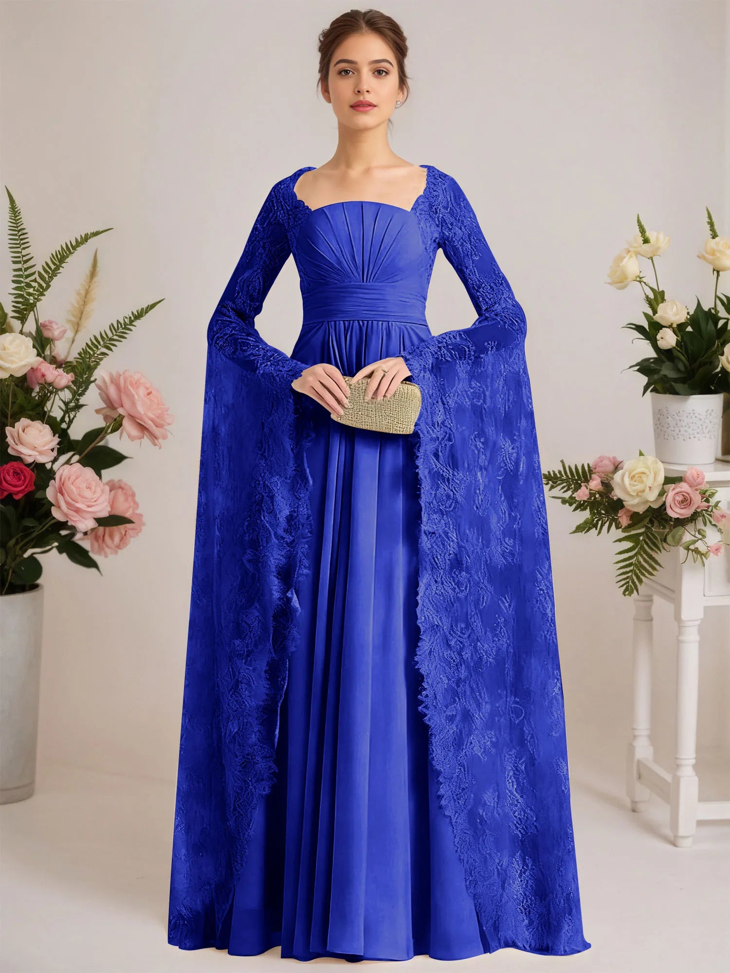 A-line Square Floor-Length Chiffon Lace Evening Dress With Beading Pleated
