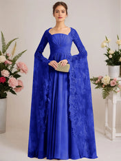 A-line Square Floor-Length Chiffon Lace Evening Dress With Beading Pleated