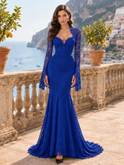 Long-Sleeve Lace-Trimmed Mermaid Evening Dress