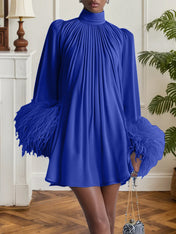 Blue Feather Ruched Chiffon Mock Neck Long Sleeve A-Line Mini Dress