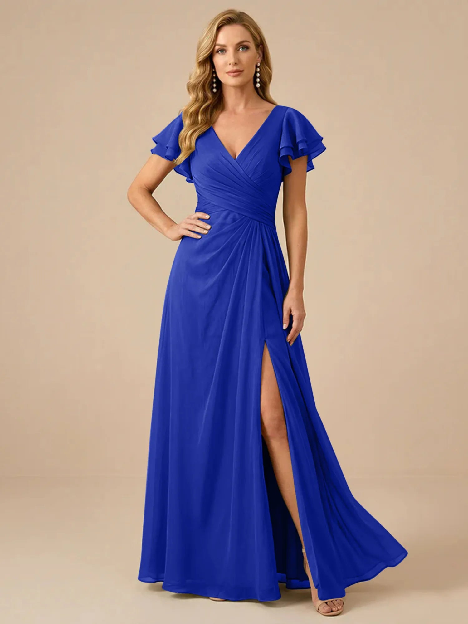 Sage Green V-Neck High-Slit Pleated Chiffon Dress