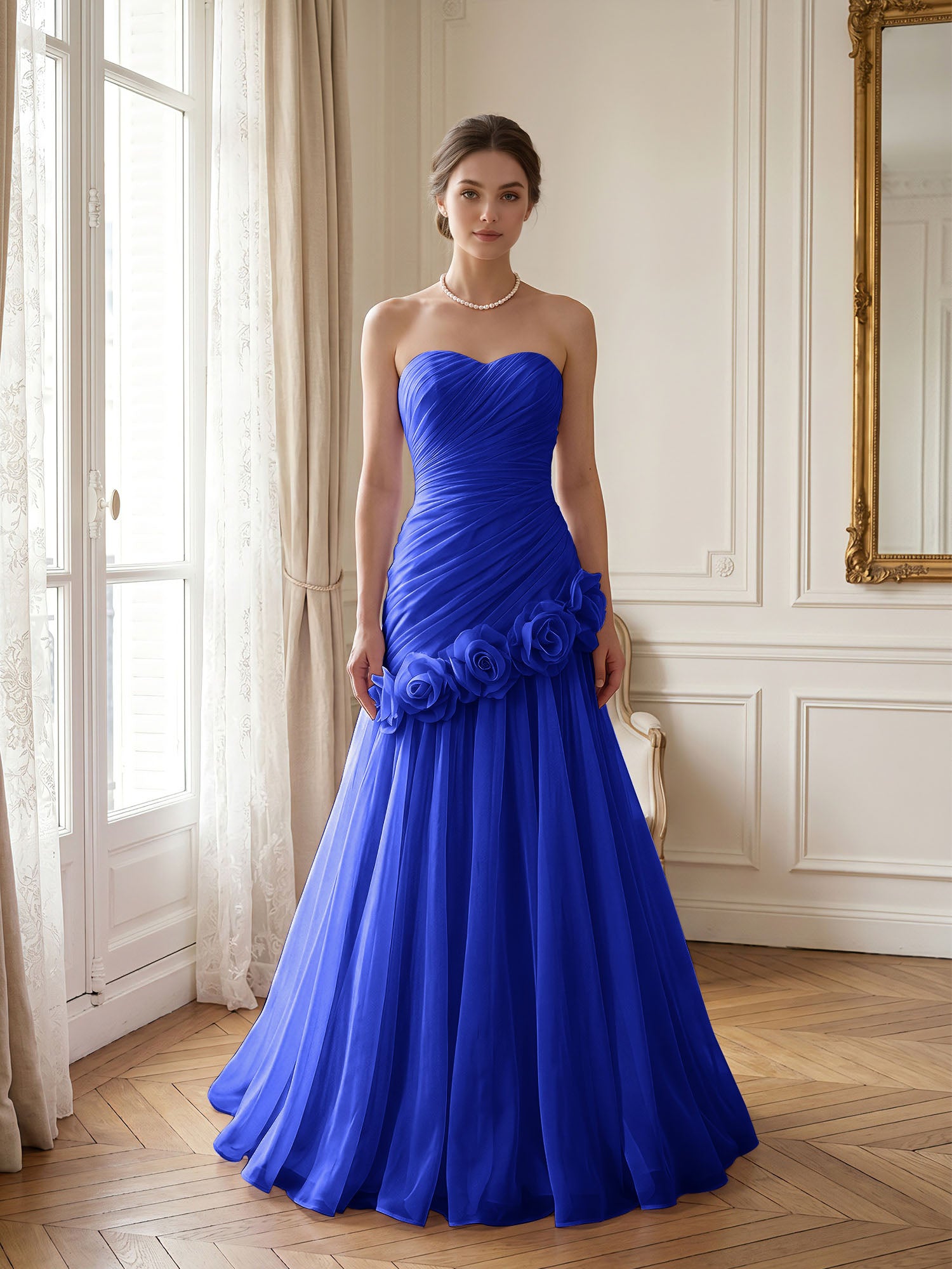Lilac 3D Rosette Strapless Chiffon Evening Formal Gown Wedding Guest Dress