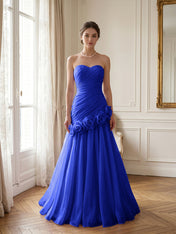 Lilac 3D Rosette Strapless Chiffon Evening Formal Gown Wedding Guest Dress