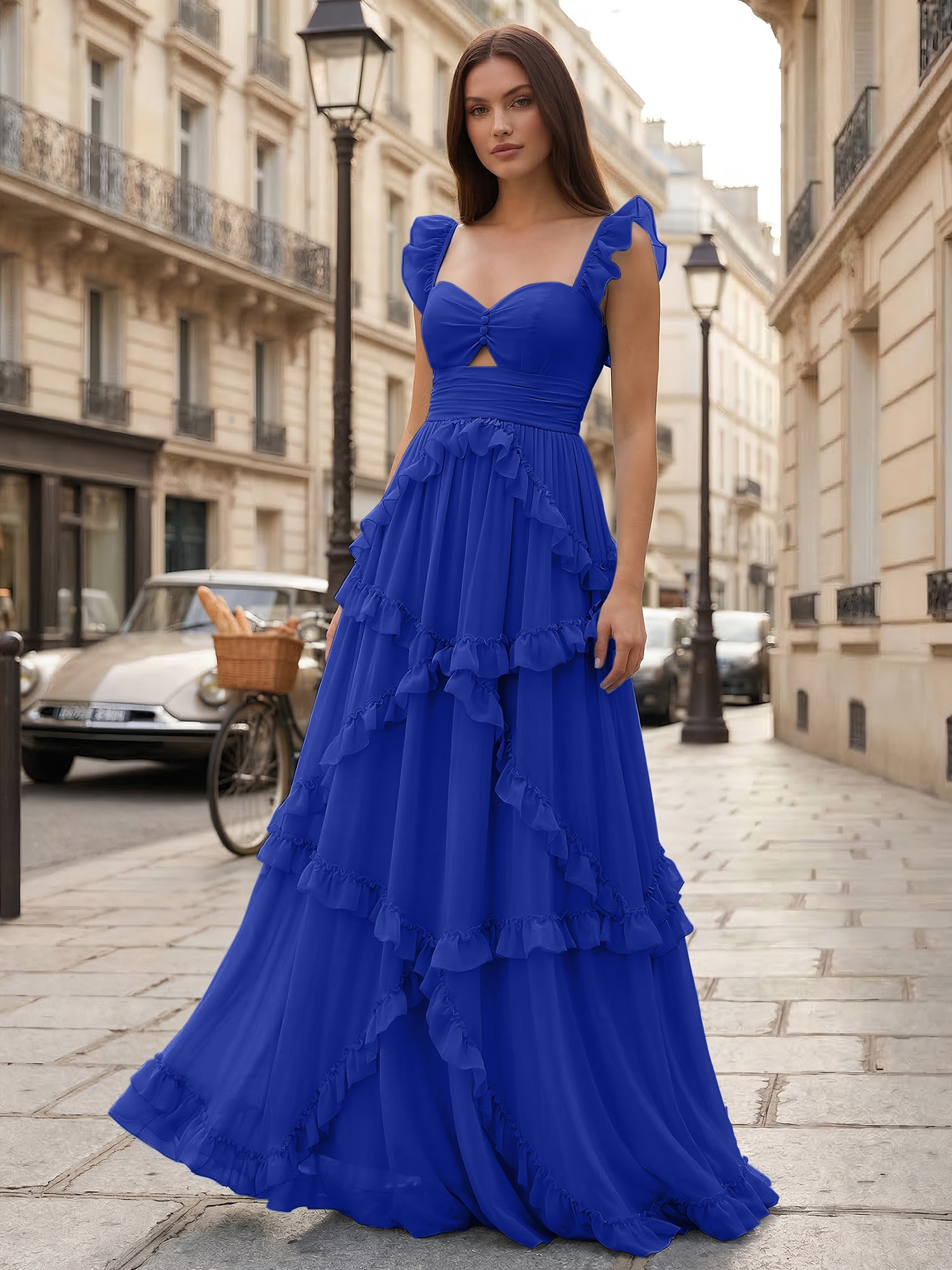 Verspieltes hellblaues, gestuftes A-Linien-Ballkleid mit Rüschen