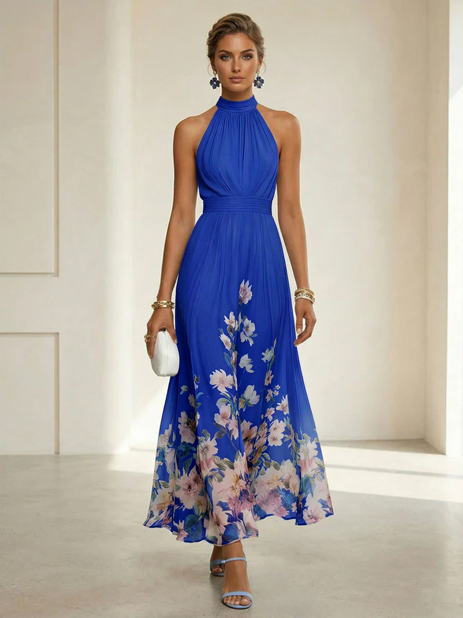 Light Blue Floral Chiffon Halter Sleeveless A-Line Maxi Dress Gown