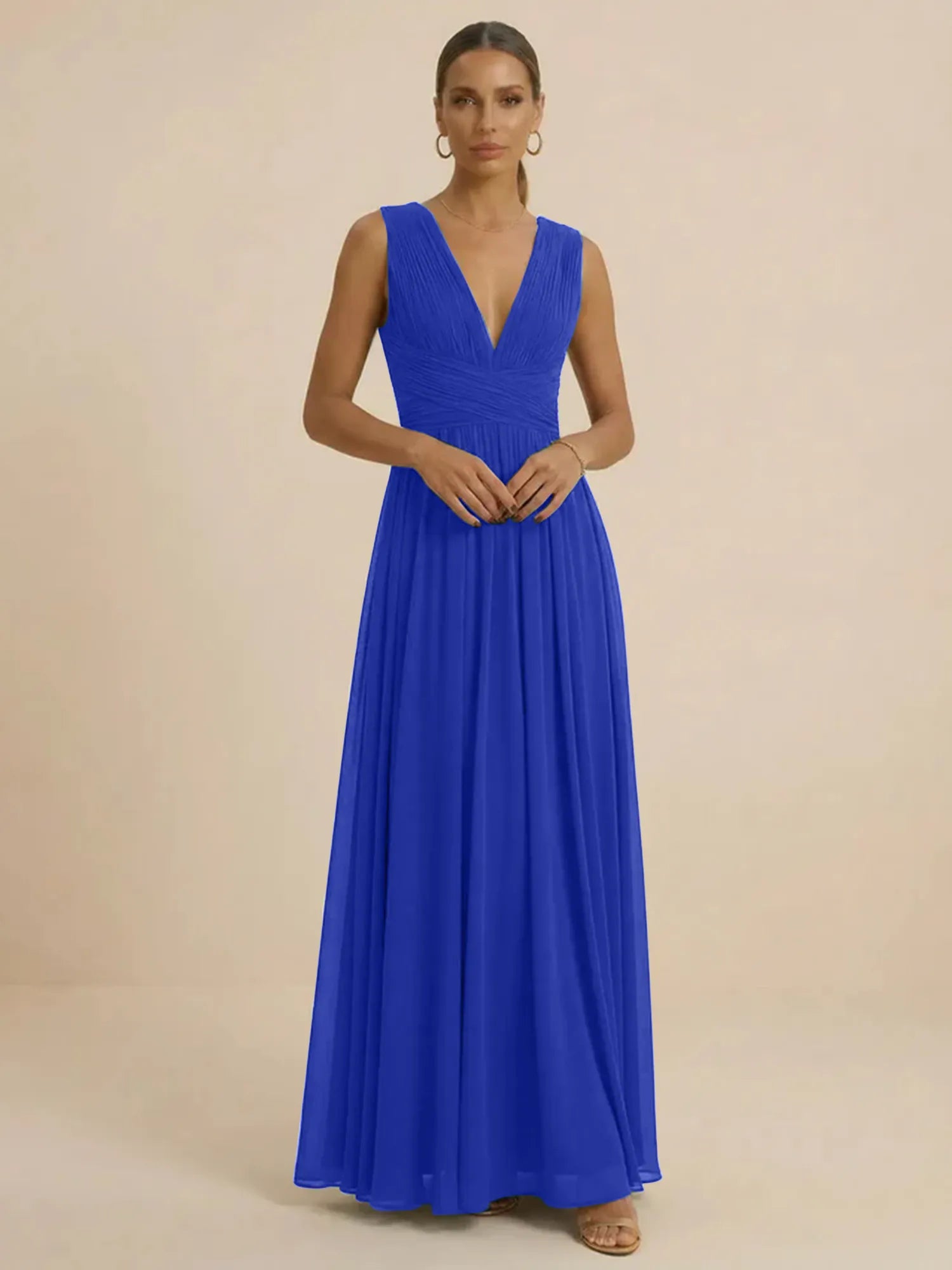 Teal Pleated V-Neck Chiffon Evening Gown with Ruched