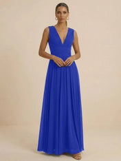 Teal Pleated V-Neck Chiffon Evening Gown with Ruched