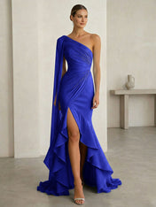 Glamorous Midnight Navy Formal Evening Dress One-Shoulder Ruched Cape Gown