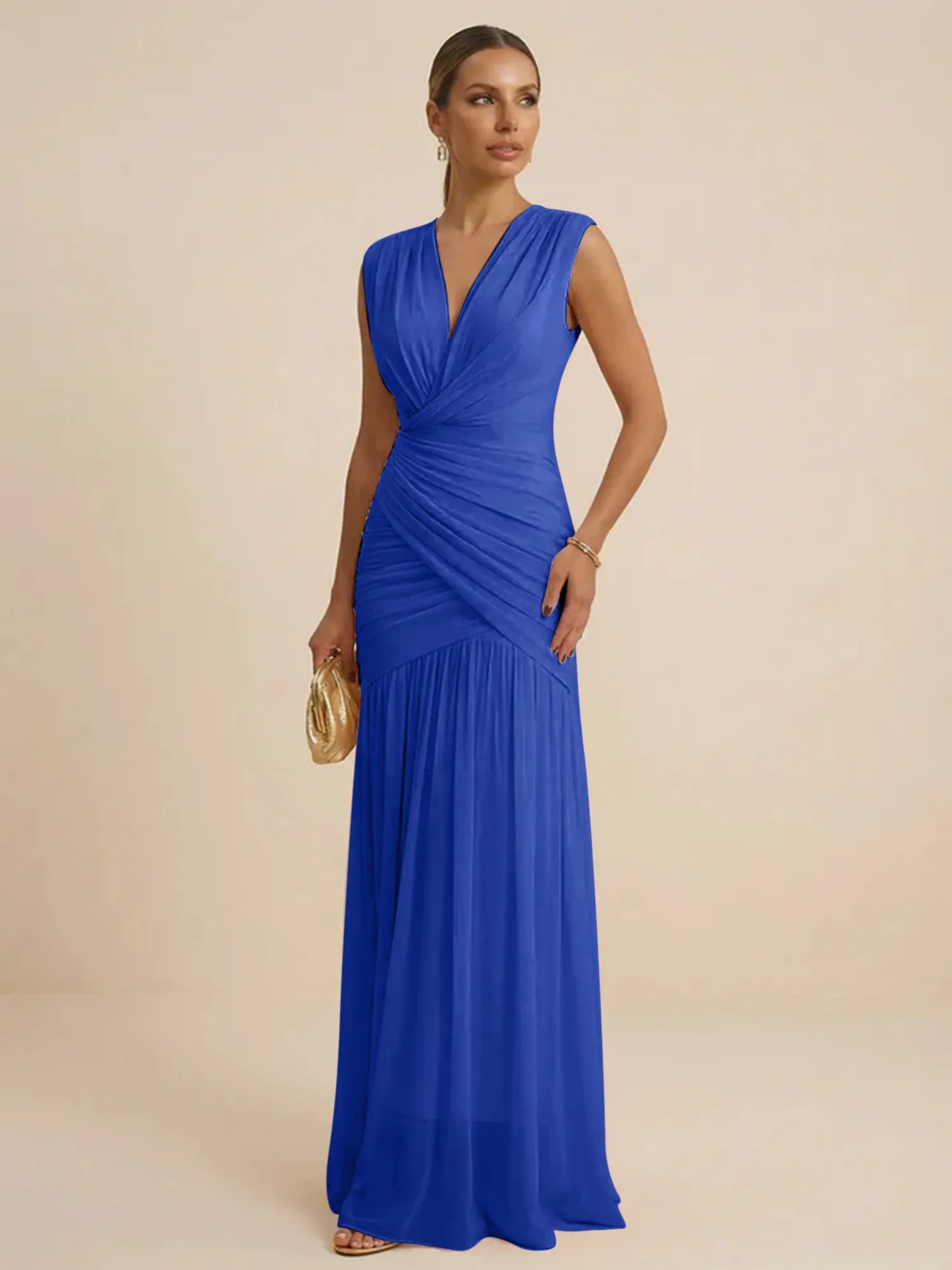 Pink Regular Straps V Neck Chiffon Pleat Mermaid Maxi Dress