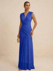 Pink Regular Straps V Neck Chiffon Pleat Mermaid Maxi Dress