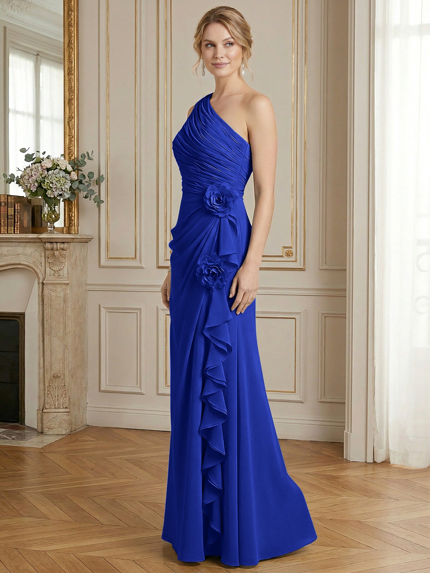 Dusty Blue One-Shoulder Ruched Floral Maxi Dress Gown