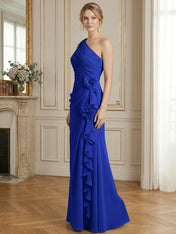 Dusty Blue One-Shoulder Ruched Floral Maxi Dress Gown