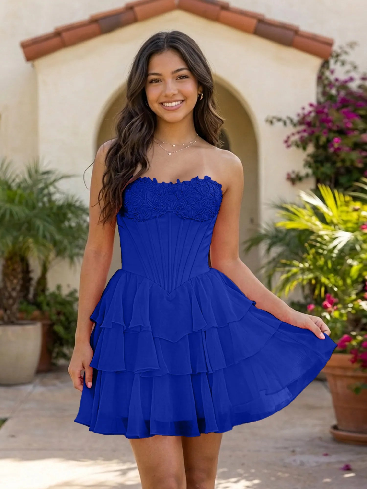 Pink Lace Strapless Corset Mini Dress Tiered Chiffon Skirt Lace Up Back Homecoming Dresses