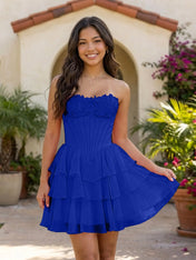 Pink Lace Strapless Corset Mini Dress Tiered Chiffon Skirt Lace Up Back Homecoming Dresses