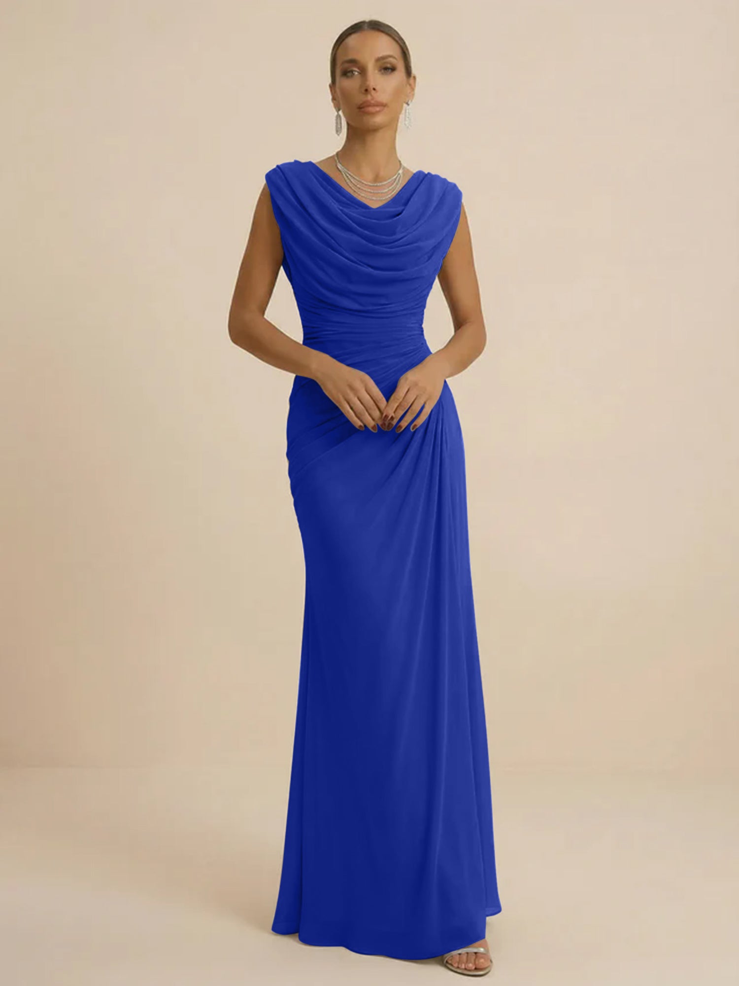 Dusty Grey Draped Cowl Neck Ruched Chiffon Evening Dresses